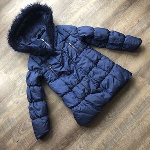 London Fog Puffer Jacket Navy Blue Faux Fur Trim Girls L 14-16